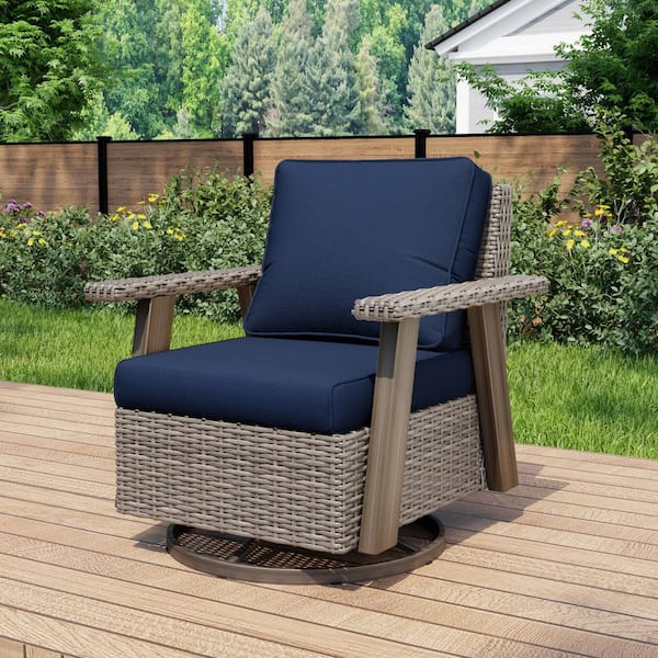 Beige Wicker Frame Outdoor Rocking Chair Patio Swivel Chair Lounge Chair with Dark Blue Cushions