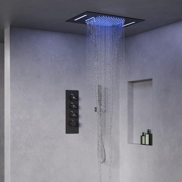 LED Thermostatic Quadruple Handle 7-Spray 23 x 15 in. Shower Faucets 2.5 GPM with Anti Scald, Waterfall in Matte Black