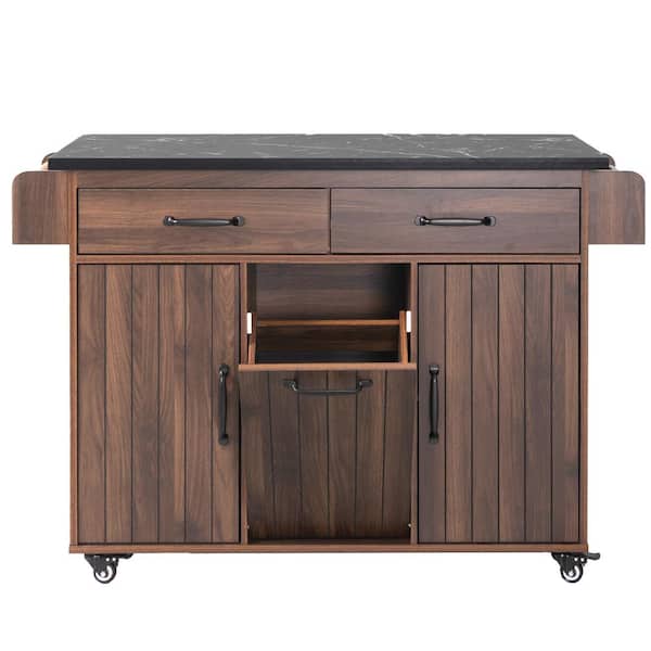 Tunearary 51.06 in. Brown Eco-friendly P2 Panel Large Kitchen Island Kitchen Storage Island with Trash Can Folding Leaf and Wheels