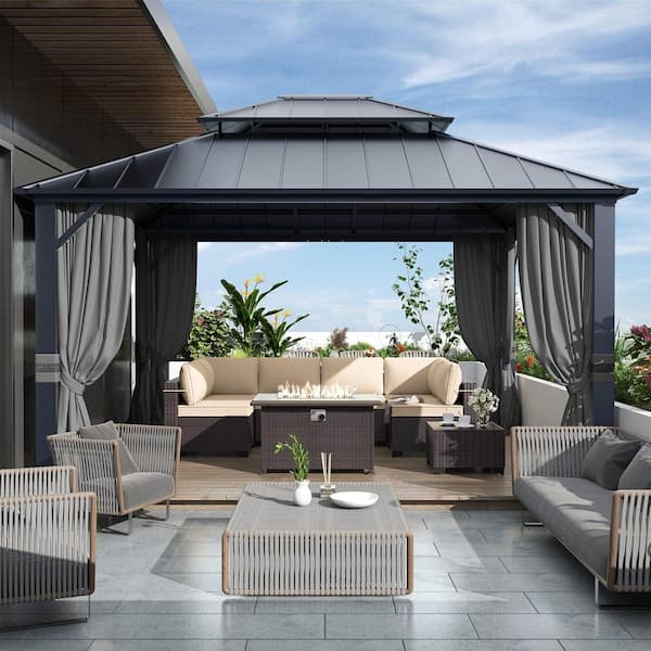 12 ft. x 14 ft. Gray Metal Hardtop Gazebo with Double Roof Pergola, Netting and Curtain Gray
