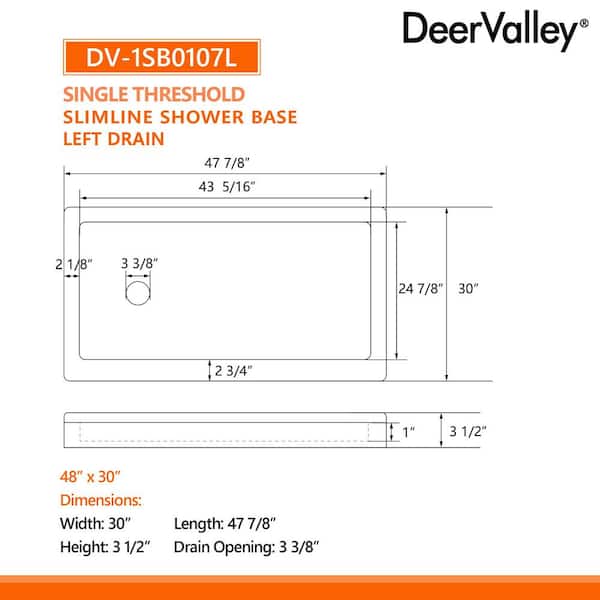 Rectangular 48 in. L x 30 in. W Acrylic Alcove Shower Pan Base with Left Drain in White