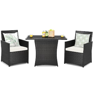 3-Piece Black Wicker Patio Conversation Set with White Cushions and Sofa Armrest