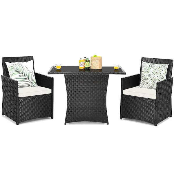 Alpulon 3-Piece Black Wicker Patio Conversation Set with White Cushions and Sofa Armrest