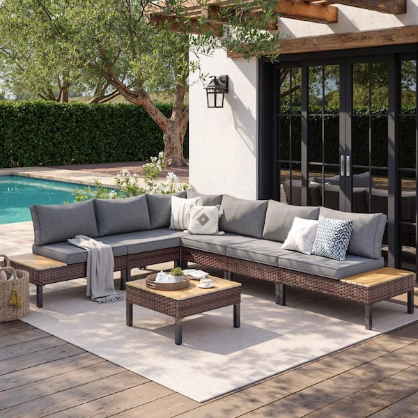 7-piece L-shaped Rattan Outdoor Patio Sofa Set