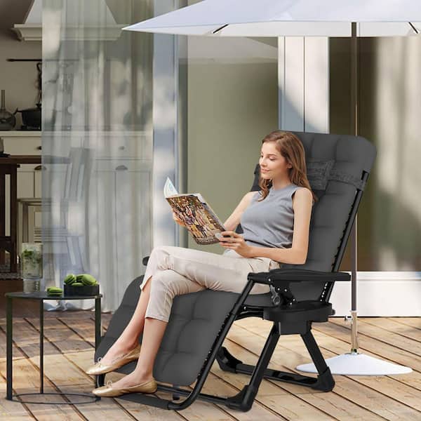 Zero Gravity Lounge Chair-Foldable Alloy Steel Recliner with Adjustable Headrest with Dark Gray Cushion for Patio, Lawn