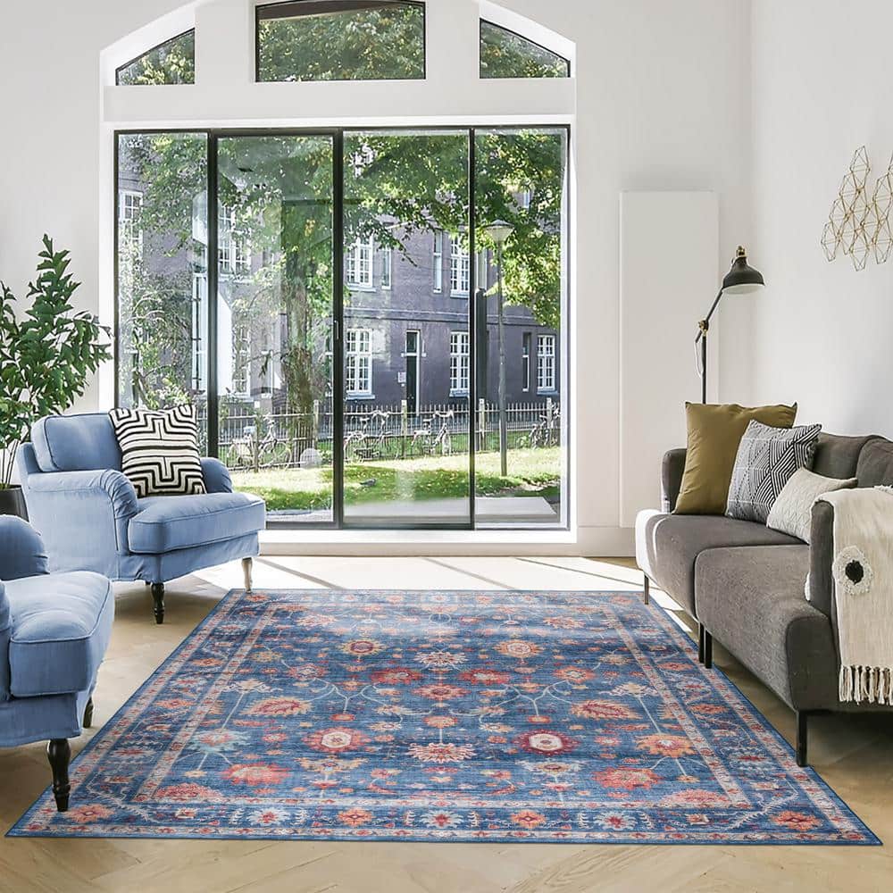 Cullen Blue Floral Border Washable Polyester Area Rug, 5' x 7'