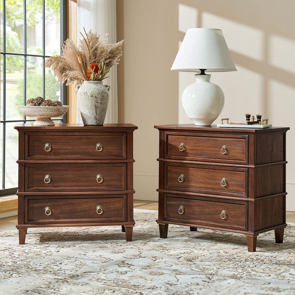 JAYDEN CREATION Olinto Walnut 3-Drawer 28 in. W Nightstand (Set of 2) NSE1394-WAL-S2