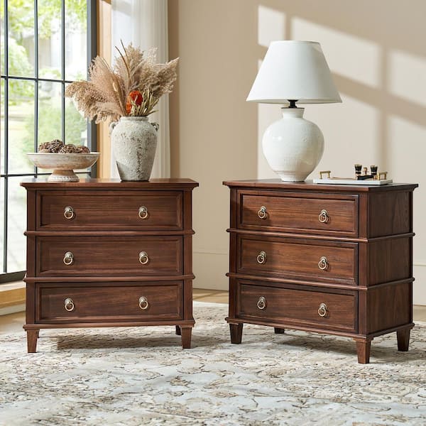 Olinto Walnut 3-Drawer 28 in. W Nightstand (Set of 2)