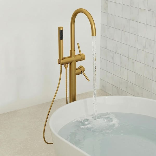 2-Handles Freestanding Floor Mount Claw Foot Tub Faucets 360° Swivel with Hand Shower in Brushed Gold (Valve Included)
