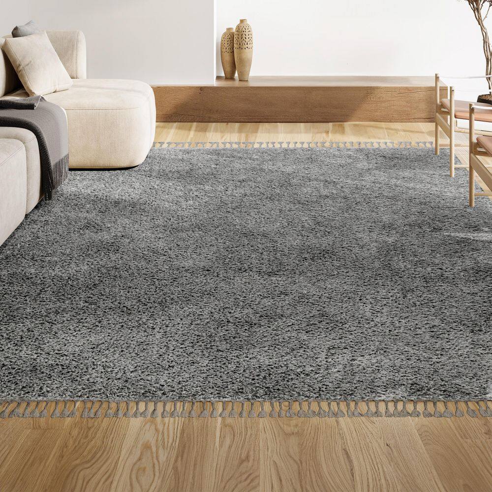 Charcoal Reversible Rectangular Shag Area Rug with Tassels