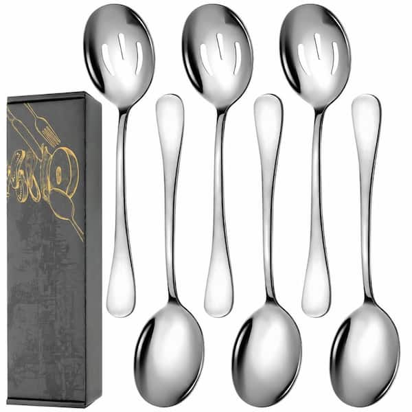 Stainless Steel Serving Spoons Set includes 3 Large and 3 Slotted Spoons Each 10 Inches Long for Kitchen