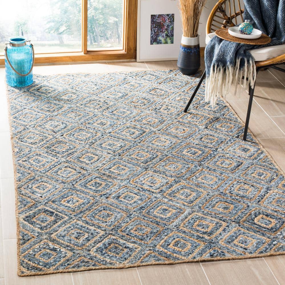 Natural and Blue Geometric Handmade Jute Area Rug