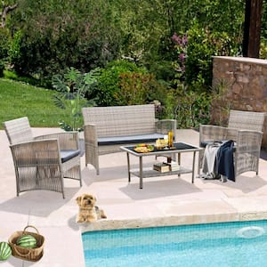 Beige Wicker 4 Piece Rattan Patio Conversation Set Outdoor Furniture with Loveseat Chairs and Coffee Table, Grey Cushion