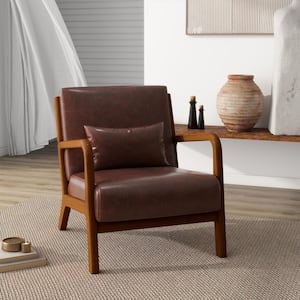 Mid-Century Coffee Faux Leather Upholstered Accent Arm Chair with Light Walnut Color Rubber Wood Frame (Set of 1)