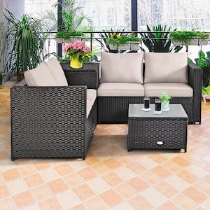 Brown 4-Piece Rattan Wicker Outdoor Patio Conversation Sectional Seating Set with Brown Cushions