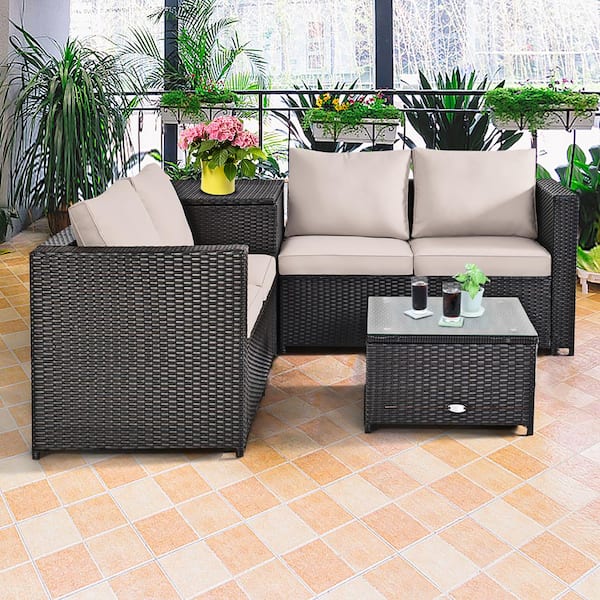 Brown 4-Piece Rattan Wicker Outdoor Patio Conversation Sectional Seating Set with Brown Cushions