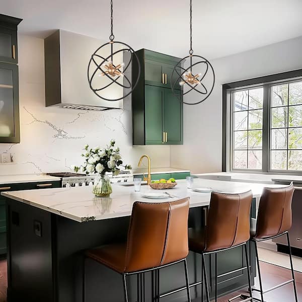 Transitional Globe Black and Brass Kitchen Island Chandelier, 6-Light Modern Pendant Light for Dining Room and Foyer