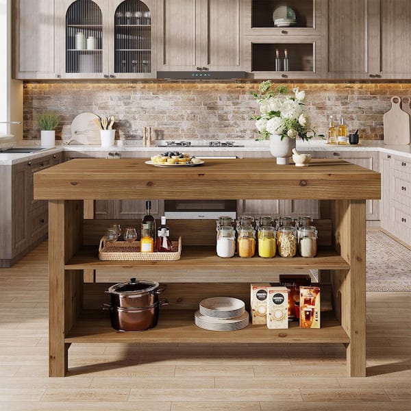 BYBLIGHT Keenyah Brown 55.12 in. W Farmhouse Kitchen Island w/ 2