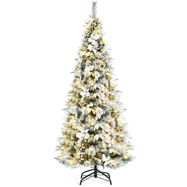 Gymax Artificial Christmas Tree 6 ft. Pre-Lit Snow-Flocked Christmas Tree Hinged Pencil Xmas Tree