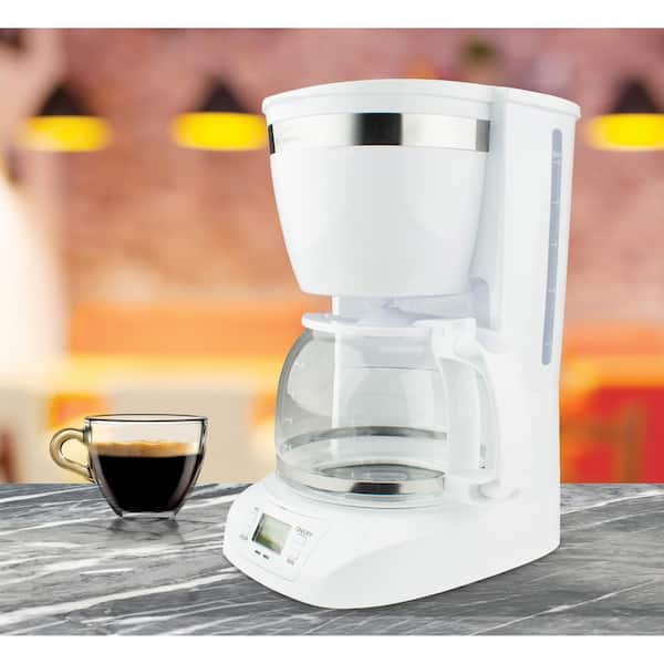 Painted modern pebble grey, this stainless steel drip coffee maker