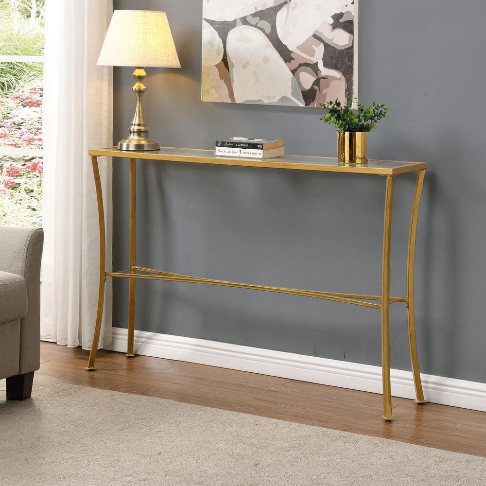 Antique Gold Metal and Glass Console Table, 50.5"