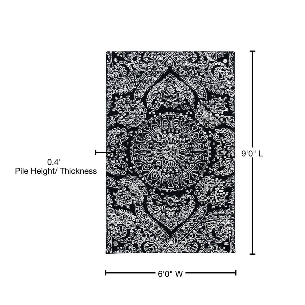 Black and Ivory Floral Hand-Tufted Wool 6' x 9' Area Rug
