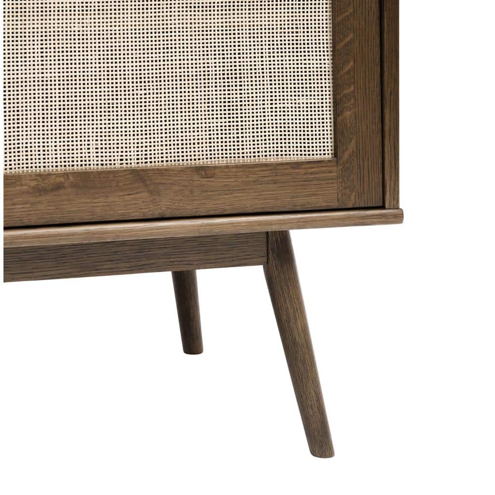 Modern White Oak and Rattan Sliding Door TV Lowboard