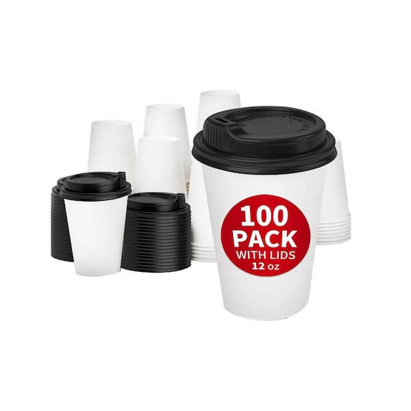 White Disposable Paper Coffee Cups with Lids Hot Drink Cup for Home Office Events (100 Per Case) 12 oz. Plastic