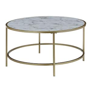 33 in. White/Gold Medium Round Wood Coffee Table