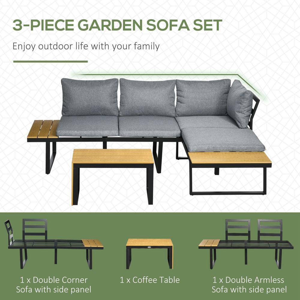 Gray Cushioned Aluminum Outdoor Sectional Set with Woodgrain Table