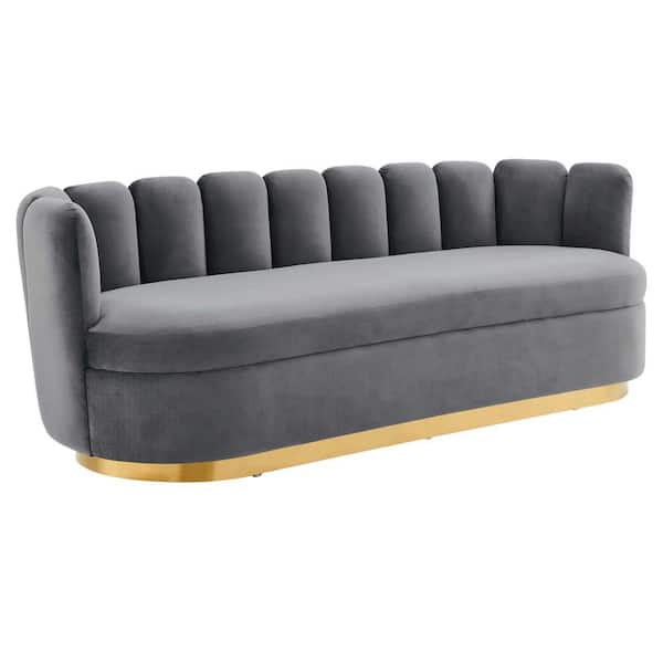 MODWAY Victoria 85.5 in. Armless Channel Tufted Performance Velvet Tuxedo Straight Sofa in Gray