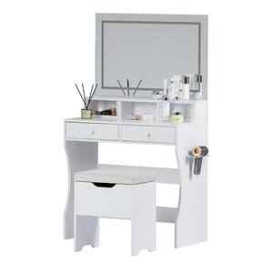 Vanity Set with 4-Drawers, 2-Piece White Makeup Vanity Set with LED Lighted Mirror, Cushioned Stool and Power Outlets