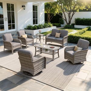 Meis Gray 7-Piece Wicker Patio Conversation Set with Dark Gray Cushions and Swivel Chairs