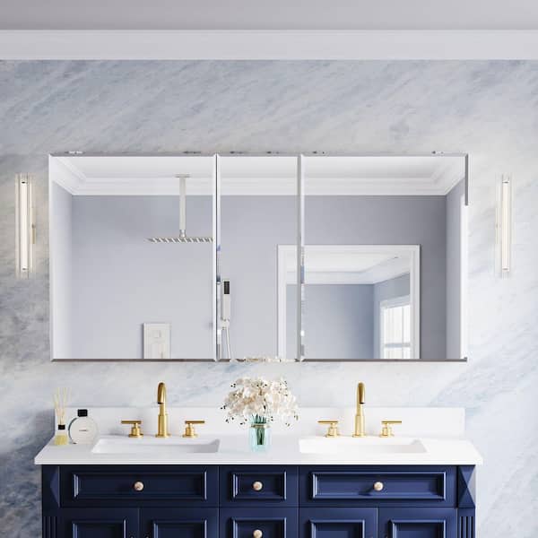 BEV 60 in. W x 30 in. H Rectangular Aluminum Tri-View Modular Medicine Cabinet with Beveled-Edge Mirror, BLUM Soft-Close