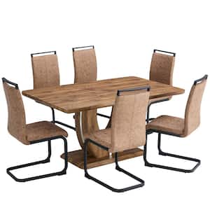 7-Piece Rectangle Natural Wood Wash MDF Top Dining Table Set Seats 6-8 with U-Shaped Base, 6 Upholstered Chairs