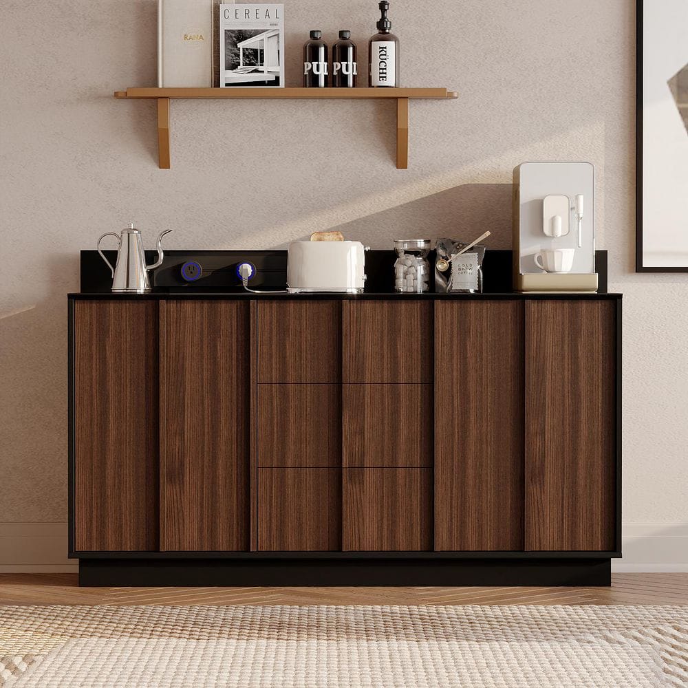 FUFU&GAGA Walnut and Black Wood Buffet Sideboard with Slidable Power ...