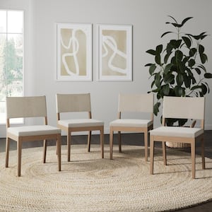Linus 19 in. Modern Upholstered Dining Chair with Solid Wood Wire-Brushed Legs, Natural Flax/Brown, Set of 4
