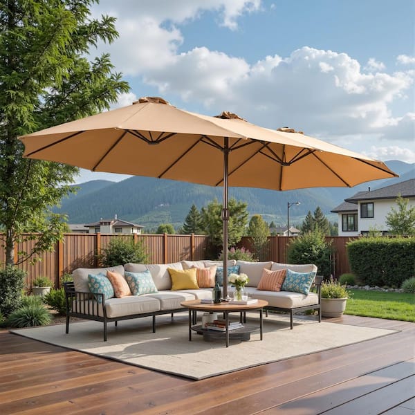 MIMI Double Top 14.5 ft. Steel Cantilever Outdoor Patio Umbrella with Weighted base in Khaki