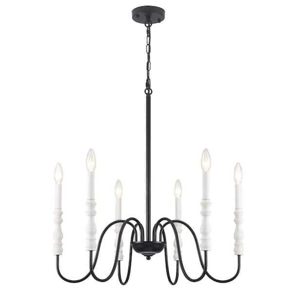 ADSENSTY 6-Light Black/Distressed White Classic Iron Candle-Style Farmhouse Chandelier for Kitchen Island with no Bulbs Included