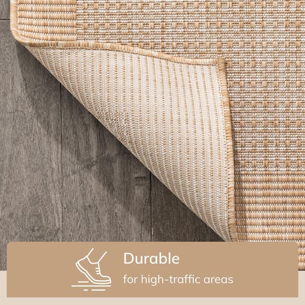 Medusa Odin Solid and Striped Border Taupe 5 ft. 3 in. x 7 ft. 3 in. Flatweave Indoor/Outdoor Area Rug