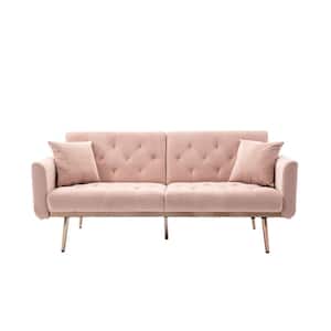 Zenith 63.78 in. Square Arm Velvet Mid-Century Modern Straight Reclining Tufted Sofa in Pink