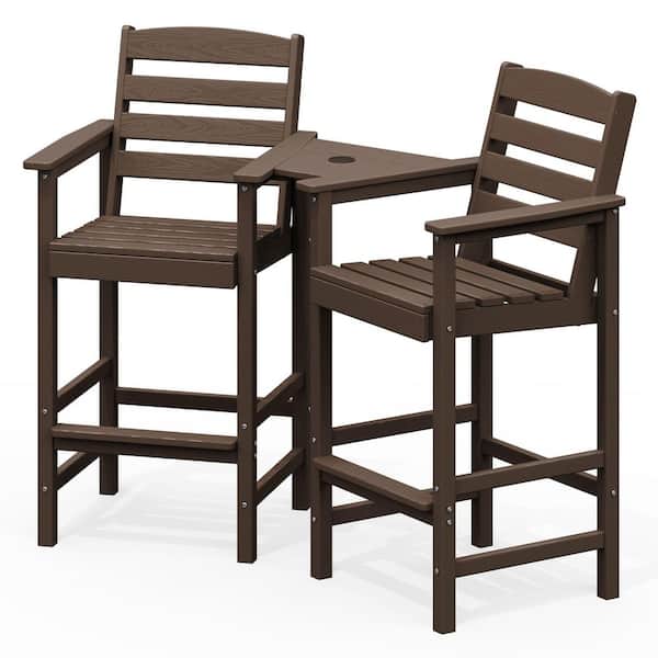 JEAREY Coffee Brown Modern HDPE Plastic Adirondack Chairs, Outdoor Bar Stools with Connecting Tray (Set of 2)