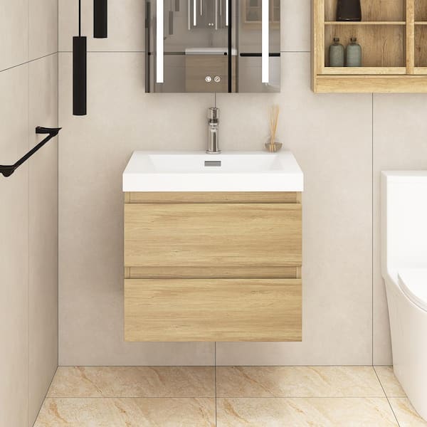 Staykiwi 23.7 in. W x 19.7 in. D x 22.5 in. H Wall Mounted Bath Vanity in Oak with White Culture Marble Top