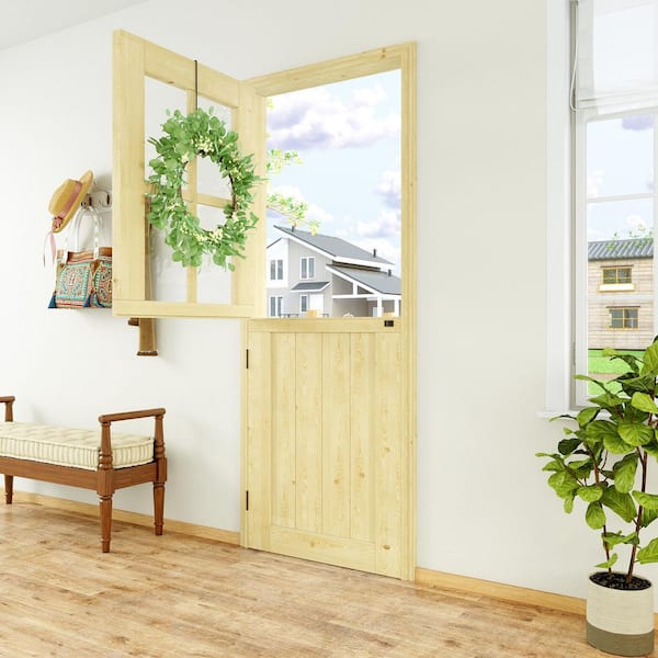 32 in. x 80 in.Solid Pine Universal 4-Lite Clear Glass Dutch Door with Eucalyptus Wreath Unfinished Wood Front Door Slab