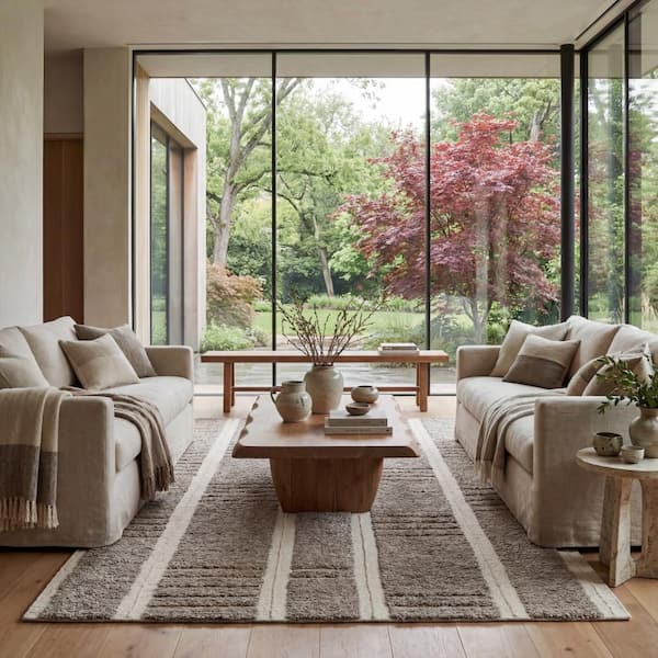 Adaluna Modern Striped Wool Area Grey 9 ft. x 12 ft. Indoor Area Rug