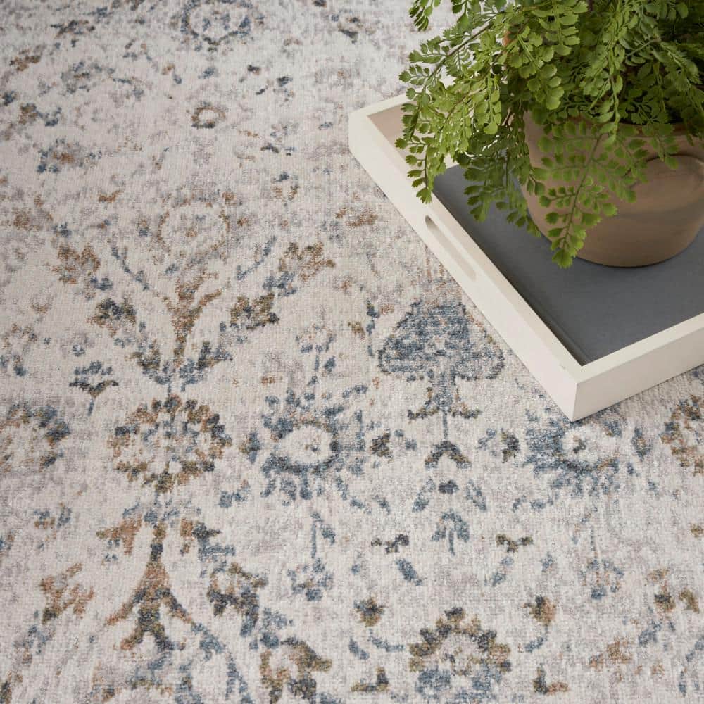 Ivory Blue Floral Synthetic 8' x 10' Washable Rug