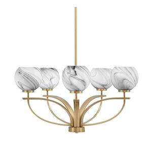 Olympia 5-Light New Age Brass Round Chandelier with 5.75 in. Onyx Swirl Glass Shades, No bulbs included