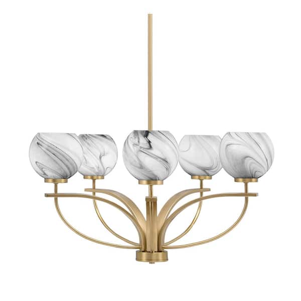 Unbranded Olympia 5-Light New Age Brass Round Chandelier with 5.75 in. Onyx Swirl Glass Shades, No bulbs included