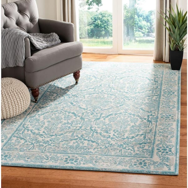 Evoke Ivory/Light Blue 7 ft. x 9 ft. Floral Border Antique Area Rug