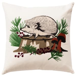 Holiday Ivory/Multi-Color Winter Scene With Woodland Animal Cotton 20 in. x 20 in. Poly Filled Decorative Throw Pillow